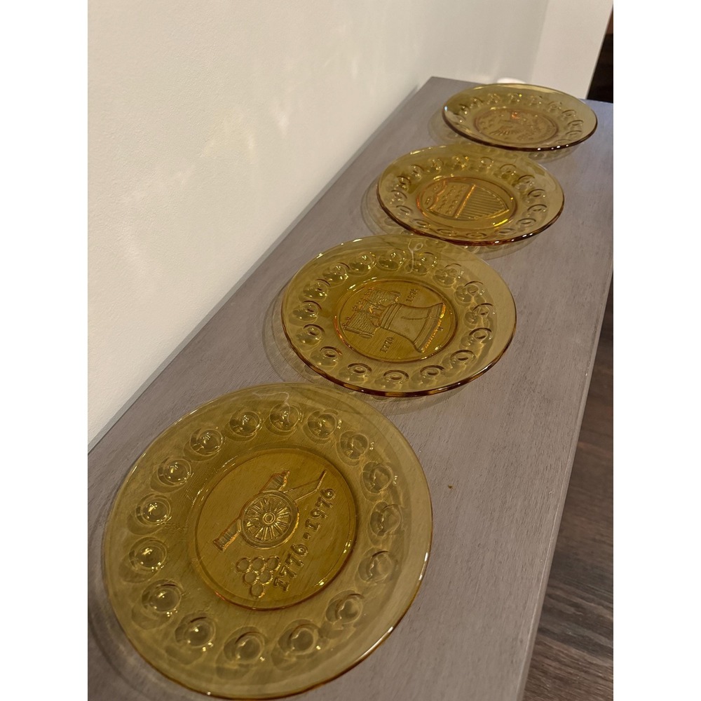 1976 Bicentennial Plates Set of 4‎ Anchor Shocking Amber Glass Vintage